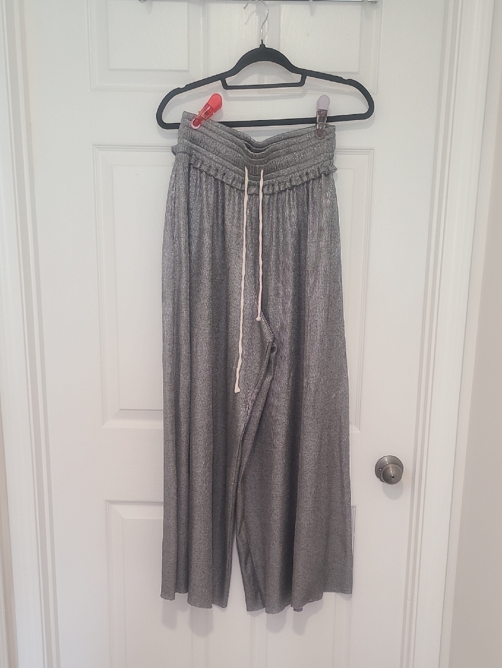 Silver Gray Wide-Leg Lounge Pants with Drawstring Waist